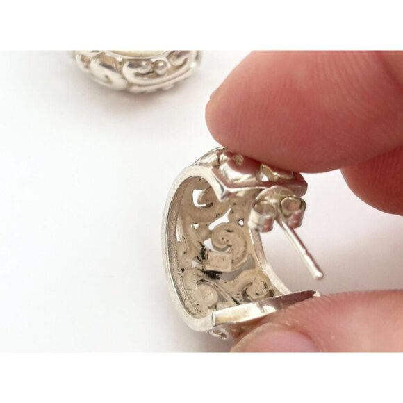 Filigree Style Sterling Silver Chunky Vintage Victorian Little Hoop Earrings - Picture 10 of 10